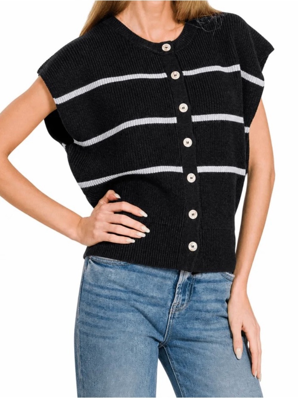 Zenana Black with Gray Stripes Viscose Sweater Vest